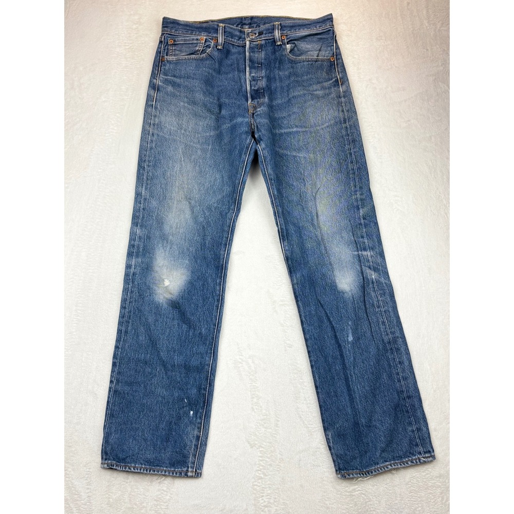 Levis 501 Men's 35x33 Vintage Styled  Light Distressed Festival Faded Denim